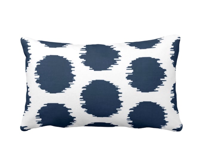 OUTDOOR Ikat Dot Print Throw Pillow or Cover, Navy/White 14 x 20" Lumbar Pillows/Covers, Blue Circles/Dots/Geometric/Geo/Large/Boho Pattern