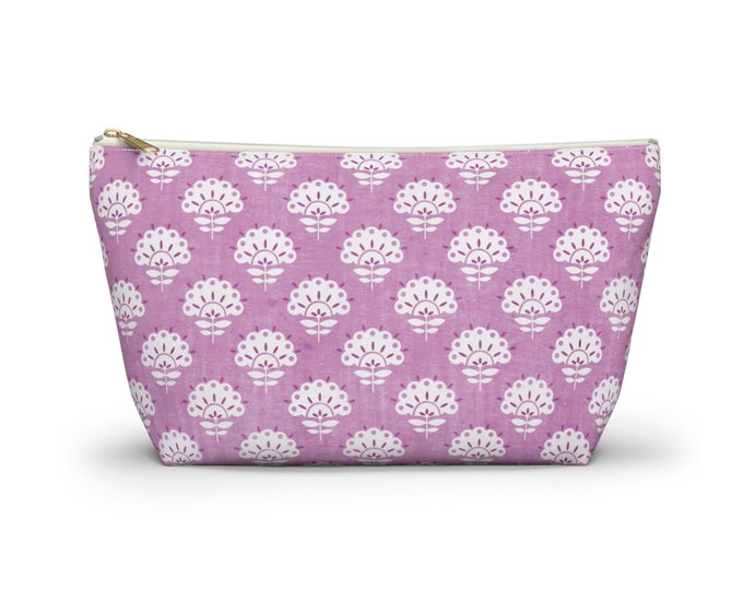 Petite Floral Zippered Pouch, Orchid Cosmetics/Pencil/Make-Up Organizer/Bag, Pink/Purple Block Print/Floral/Flower/Blockprint Pattern