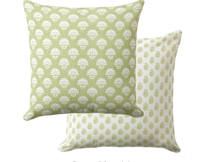 OUTDOOR Petite Floral Throw Pillow Cover, Sweet Pea 16, 18, 20, 26" Sq Pillows/Covers, Olive Green Block Print/Blockprint/Farmhouse/Vintage