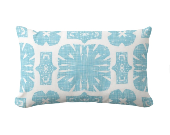 OUTDOOR Weaver Floral Throw Pillow or Cover, Turquoise/White 14 x 20" Lumbar Pillows/Covers Bright Blockprint/Medallion/Star/Geometric Print