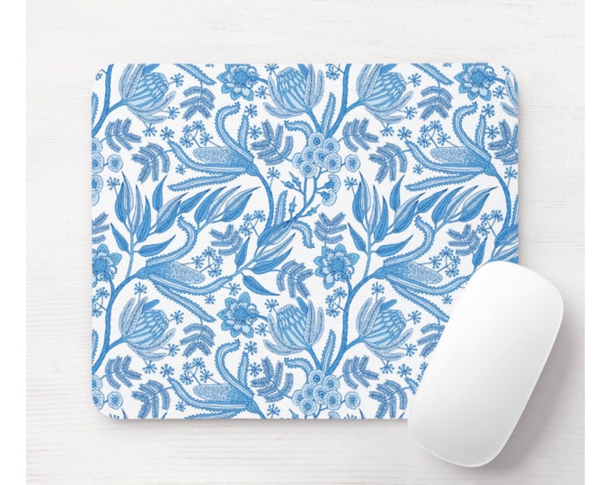 Delft Blue Botanical Mouse Pad, Round or Rectangle Mousepad, Farmhouse/Flower/Block/Blockprint, Bright Blue/White Print/Pattern