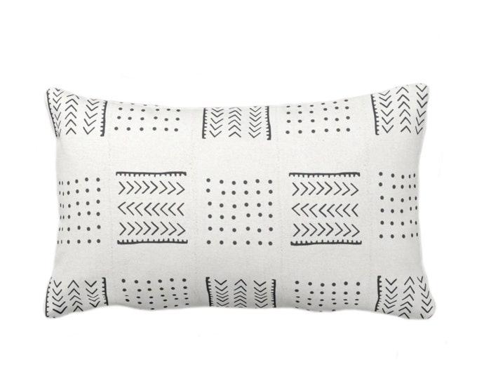 OUTDOOR Mud Cloth Printed Throw Pillow or Cover, Arrows/Dots Off-White/Black Print 14 x 20" Lumbar Pillows/Covers, Mudcloth/Tribal/Geometric