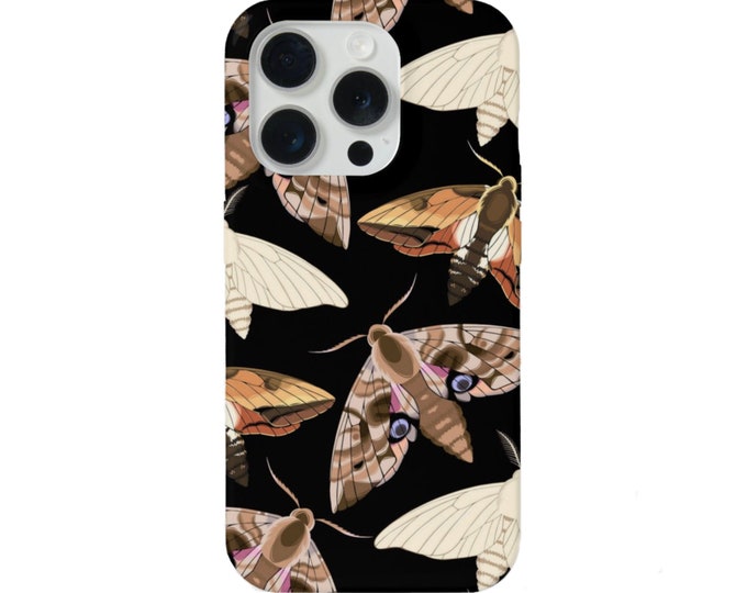 Moth Print iPhone 15, 14, 13, 12, 11, XS, XR Pro/P/Plus/Max MAGSAFE, Snap Case or Tough Protective Cover, Black Insect/Butterfly/Bugs Galaxy