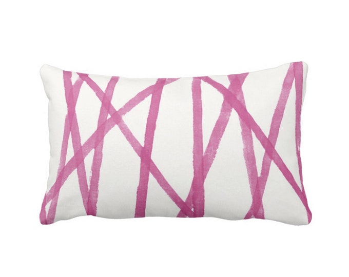 OUTDOOR Hand-Painted Lines Print Throw Pillow or Cover, Pink/White 14 x 20" Lumbar Pillows/Covers, Fuchsia Modern/Abstract/Channels/Stripes