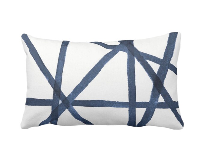 Hand-Painted Lines Print Throw Pillow or Cover, Navy/White 12 x 20" Lumbar Pillows or Covers Indigo Blue Stripe/Striped/Channels