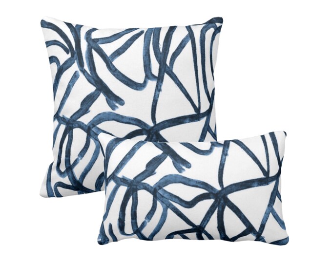 Abstract Throw Pillow or Cover, White/Slate Blue Square and Lumbar Pillows/Covers Indigo/Navy Painted Modern/Geometric/Lines Print