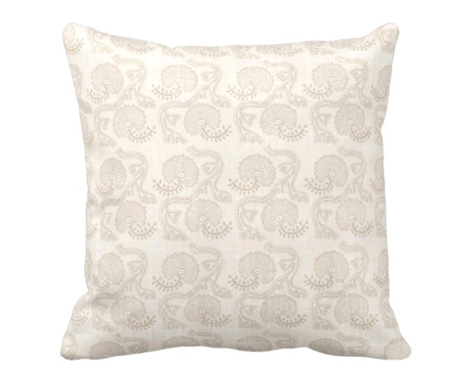 OUTDOOR Block Print Floral Throw Pillow or Cover, Cream 14, 16, 18, 20, 26" Sq Pillows/Covers, Off-White/Beige Batik/Boho/Blockprint Pattern