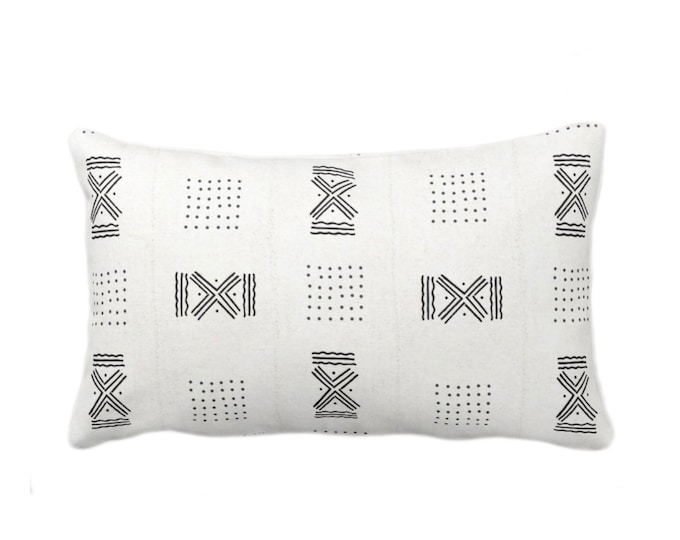 OUTDOOR Mud Cloth Printed Throw Pillow/Cover, Double X/Dots Off-White/Black Print 14 x 20" Lumbar Pillows/Covers, Mudcloth/Tribal/Geometric