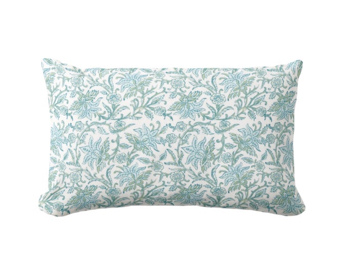 Claire Floral Lumbar Throw Pillow Cover, Blue/Green 12 x 20" Pillows/Covers, Aqua/Turquoise Block Print/Blockprint/Vintage/Farmhouse Design