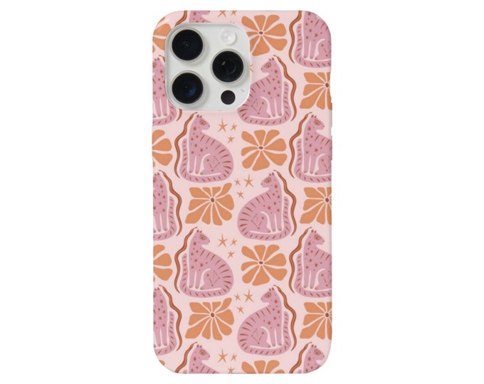 Flora & Fauna iPhone 15, 14, 13, 12, 11 Pro/Max/P/Plus MAGSAFE, Snap Case, Tough Protective Cover, Pink/Peach/Orange Animal/Cat/Snakes Print