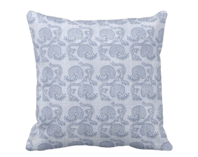 Block Print Floral Throw Pillow or Cover, Dusty Blue 16, 18, 20, 22 or 26" Sq Pillows or Covers, Flower/Tribal/Batik/Geo/Boho Pattern