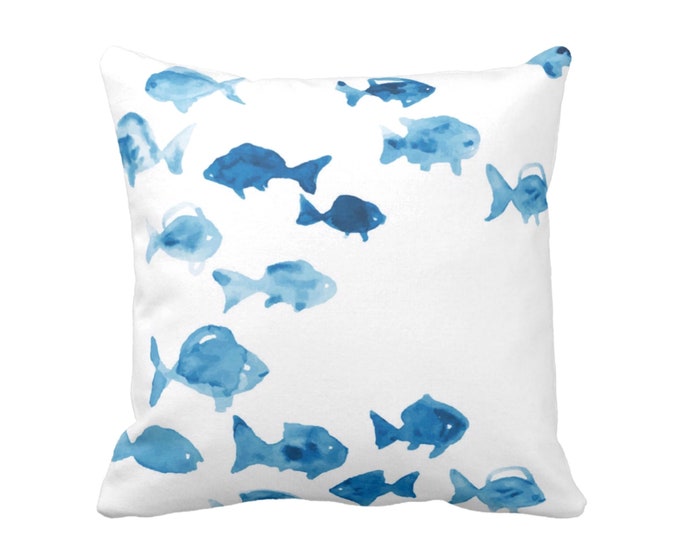 OUTDOOR Fishies Throw Pillow or Cover 14, 16, 18, 20" Sq Pillows/Covers, Watercolor/Painted Ocean Blue/White Modern/Beach/Nautical/Fish