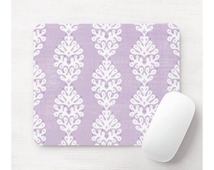 Ada Print Mouse Pad, Round or Rectangle Faint Purple & White Mousepad, Farmhouse/Flower/Block Print/Blockprint, Light/Bright Print/Pattern