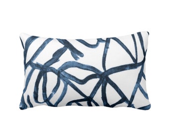 Abstract Print Throw Pillow or Cover, White/Slate Blue 12 x 20" Lumbar Pillows/Covers Painted Navy/Indigo Abstract/Geometric/Modern/Lines
