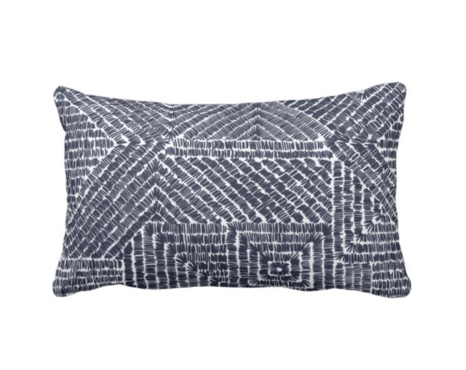 OUTDOOR Tribal Geo Throw Pillow or Cover, Navy 14 x 20" Lumbar Pillows/Covers, Dark Blue & White Scratch Geometric/Batik/Geo Pattern/Print