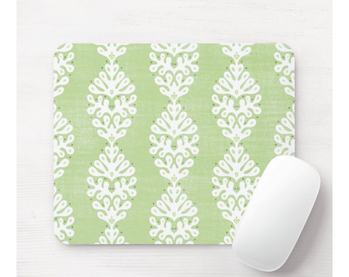 Ada Print Mouse Pad, Round or Rectangle Spring Green & White Mousepad, Farmhouse/Flower/Block Print/Blockprint, Light/Bright Print/Pattern