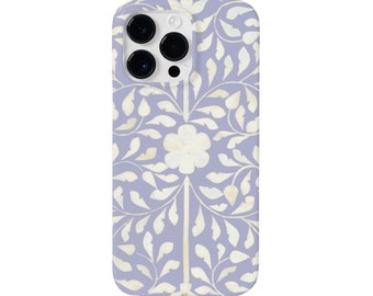 Bone Inlay Faux iPhone 15, 14, 13, 12, 11, X/XR/XS P/Pro/Plus/Max MAGSAFE, Snap Case or Tough Protective Cover Lavender/Ivory, Purple Print