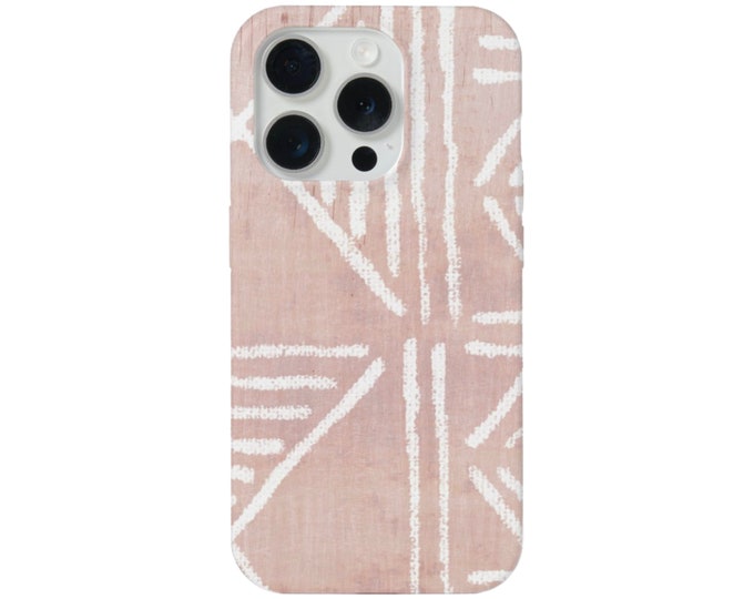 Mud Cloth iPhone 15, 14, 13, 12, 11 Pro/Max/P/Plus MAGSAFE/Snap Case/Tough Protective Cover, Faded Pink Tribal/Geo/Geometric Kuba Print