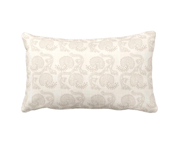 Block Print Floral Throw Pillow or Cover, Cream 12 x 20" Lumbar Pillows or Covers, Off-White/Beige Flower/Batik/Boho/Blockprint Pattern