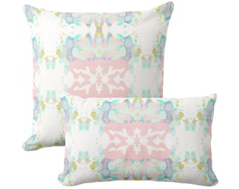Mirrored Watercolor Throw Pillow Cover 12x20, 16, 18, 20, 22, 26" Sq/Lumbar Pillows, Peach/Seaglass/Lavender Abstract Modern/Colorful Print
