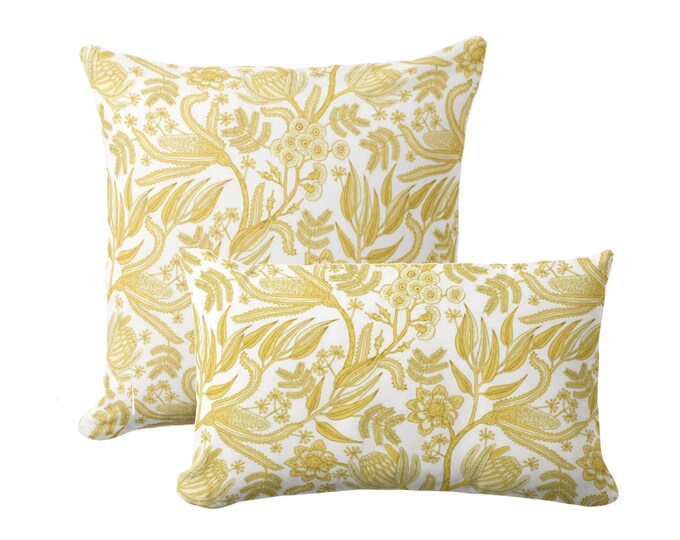 Canary Botanical Square or Lumbar Throw Pillow or Cover, 18, 22, 12x20" Bright Yellow/White Toile/Nature/Floral Print/Pattern Pillows/Covers