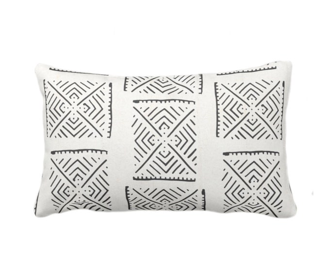 OUTDOOR Mud Cloth Printed Throw Pillow or Cover, Diamond Geo Off-White/Black Print 14 x 20" Lumbar Pillows/Covers, Mudcloth/Tribal/Geometric