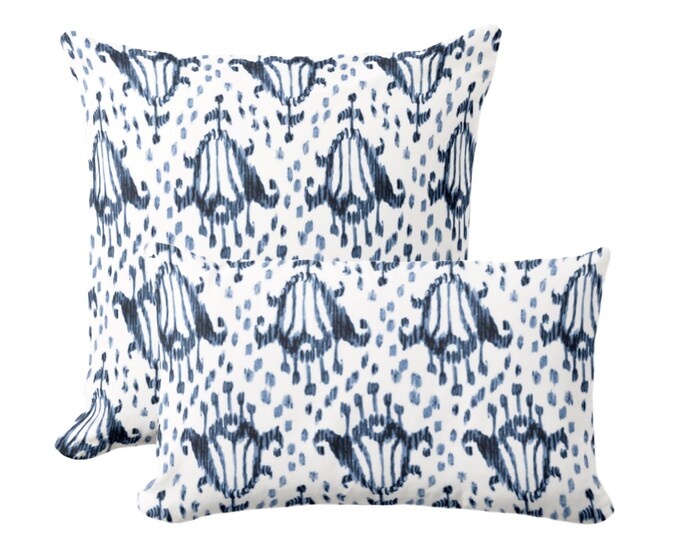 Tulips Throw Pillow, Navy Square, Lumbar Pillows or Covers, Dark Blue/White Ikat/Block Print/Blockprint/Floral/Animal Spots Print/Pattern