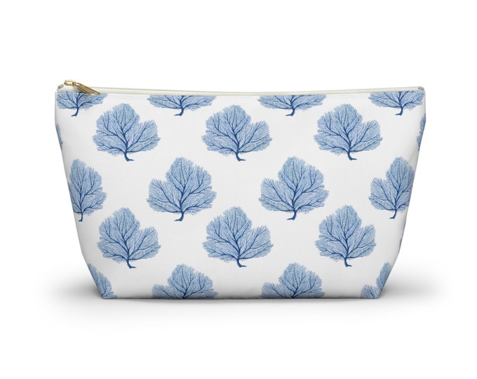 Sea Fan Zippered Pouch, Beach Blue & White Block Print Design, Cosmetics/Pencil/Make-Up Organizer/Bag, Coral/Shell/Ocean Print/Pattern