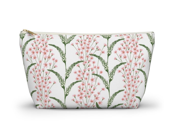 Foxtail Lillies Zippered Pouch, Pink & Green Block Print Design, Cosmetics/Pencil/Make-Up Organizer/Bag, Floral/Flower/Blockprint Pattern