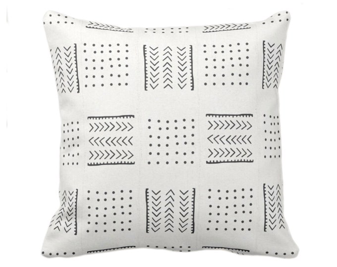 Mud Cloth Printed Throw Pillow or Cover, Arrows & Dots Off-White/Black 18 or 22" Sq Pillows/Covers, Mudcloth/Boho/Cross/Tribal