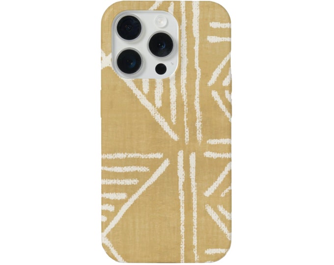 Mud Cloth iPhone 15, 14, 13, 12, 11, XS, XR Pro/Max/P/Plus MAGSAFE, Snap Case or Tough Protective Cover, Mustard Yellow Boho/Geometric Print