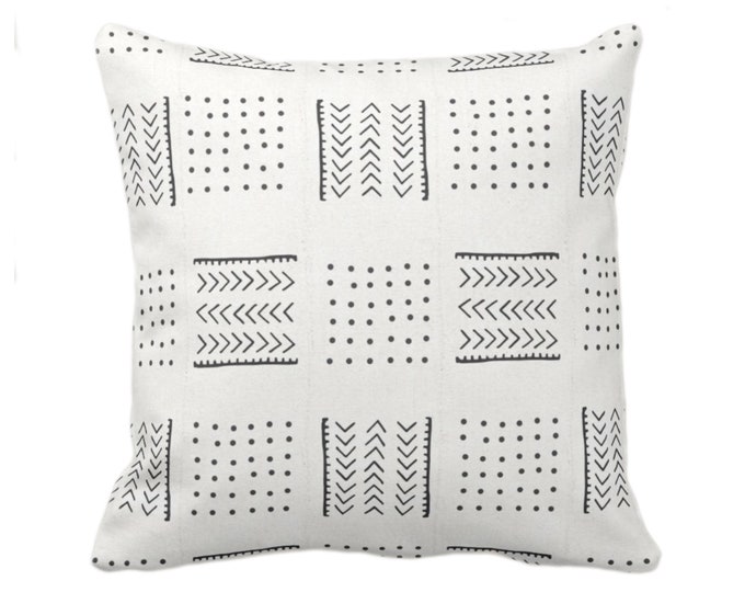 OUTDOOR Mud Cloth Printed Throw Pillow or Cover, Arrows & Dots Off-White/Black 16, 18, 20, 26" Sq Pillows/Covers, Mudcloth/Boho/Tribal