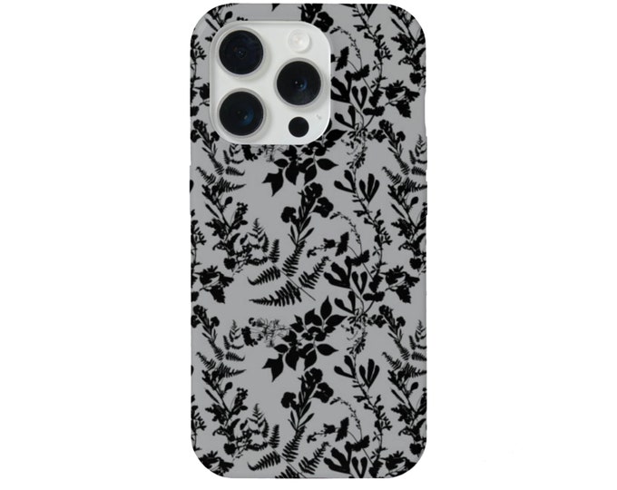 Botanical iPhone 15, 14, 13, 12 Pro/Max/P/Plus MAGSAFE, Snap or Tough Case/Protective Cover, Gray/Black Dark Nature/Plant/Fern Print/Pattern