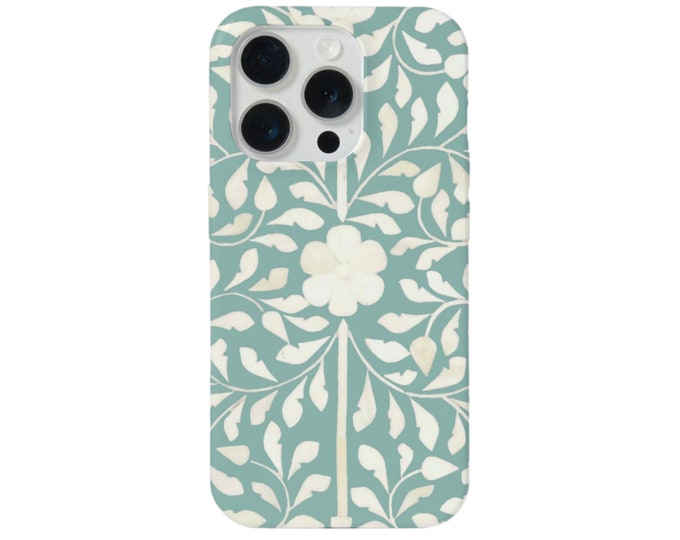 Bone Inlay Print iPhone 15, 14, 13, 12, 11 P/Pro/Plus/Max/Mini MAGSAFE, Snap Case, Tough Protective Cover Faux Design Sea Green/Ivory Floral