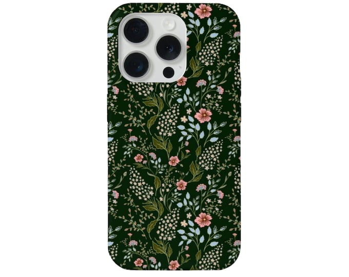 Ingrid Floral iPhone 15, 14, 13, 12 Pro/Max/P/Plus MAGSAFE/Snap Case/Tough Protective Cover, Dark Green Multi Flower/Botanical Print/Design