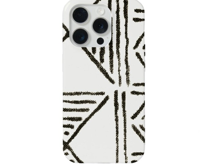 Mud Cloth iPhone 15, 14, 13, 12, 11, XS Mini/Pro/Max/P/Plus MAGSAFE, Snap Case or Tough Protective Cover, White/Black Boho/Geometric Print