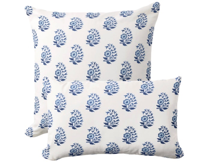 Block Print Flowers Throw Pillow, Blues & White Square, Lumbar Pillows/Covers, Floral/Block Print/Blockprint/Coastal/Flower Pattern/Design