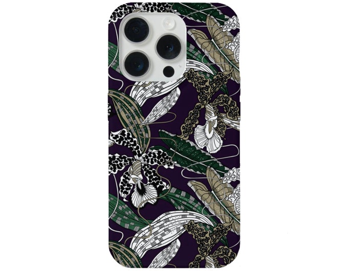 Orchid Botanical iPhone 15, 14, 13, 12, 11 Pro/Max/P/Plus MAGSAFE Snap Case or Tough Protective Cover, Navy/Green/White Plant Print/Pattern