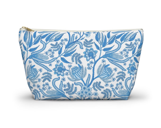 Delft Botanical Zippered Pouch, Bright Blue & White Cosmetics/Pencil/Make-Up Organizer/Bag, Floral/Flower/Blockprint/Block Print/Pattern