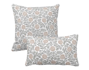 OUTDOOR Block Print Floral Throw Pillow/Cover, Beige/Grayed Olive/White 14x20, 16, 18, 20, 26" Sq/Lumbar Pillows, Blockprint/Hmong/Tribal
