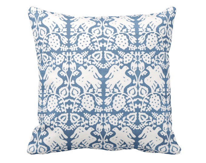 OUTDOOR Block Print Bird Floral Throw Pillow or Cover, Indigo 16, 18, 20 or 26" Sq Pillows/Covers, Blue/White Blockprint/Boho Print