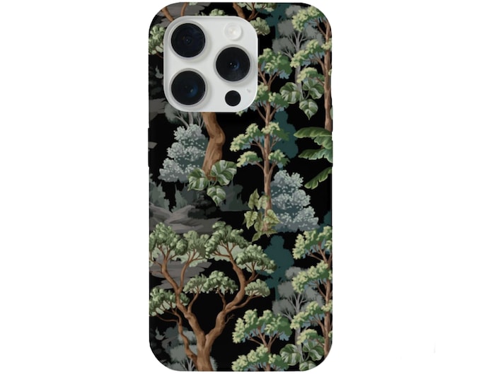 Dark Forest Toile iPhone 15, 14, 13, 12 Pro/Max/P/Plus MAGSAFE Snap Case or Tough Protective Cover, Black/Green Plant/Animal Print/Pattern