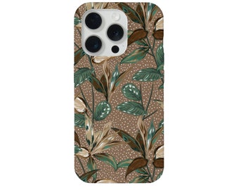 Earth Tones Botanical iPhone 15, 14, 13, 12, 11 Pro/Max/P/Plus MAGSAFE Snap Case or Tough Protective Cover, Brown/Green Plant Print/Pattern