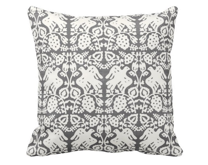 Block Print Bird Floral Throw Pillow or Cover, Charcoal/Ivory 16, 18, 20, 22 or 26" Sq Pillows or Covers Blockprint/Boho/Tribal Print