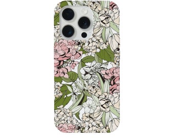 Sketch Hydrangeas iPhone 15, 14, 13, 12, 11, X P/Pro/Plus/Max, MAGSAFE, Snap Case, Tough Protective Cover, Colorful Art/Flower/Flowers Print