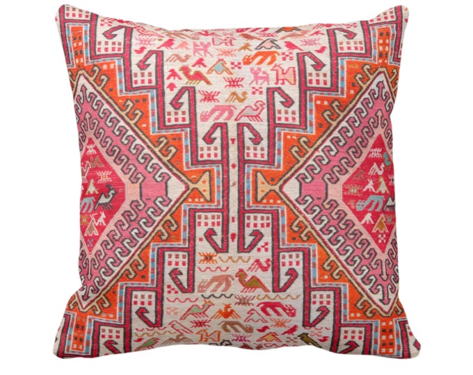 OUTDOOR Colorful Kilim PRINTED Throw Pillow/Cover Boho Rug Print 14, 16, 18, 20" Sq Pillows/Covers Tribal Pink/Orange/Red, Geo/Geometric