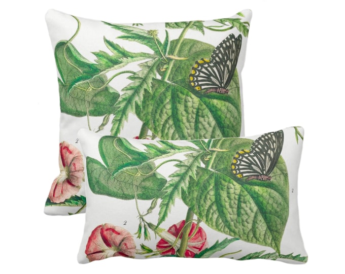 Vintage Botanical Trumpet Flowers & Butterflies Throw Pillow/Cover 12x20, 16, 18, 20, 22, 26" Sq/Lumbar Pillows/Covers Nature/Floral Print