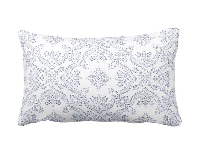 Priano Tile Print Throw Pillow or Cover, Navy/White 12 x 20" Lumbar Pillows or Covers, Dark Blue Floral/Trellis/Block Print/Pattern