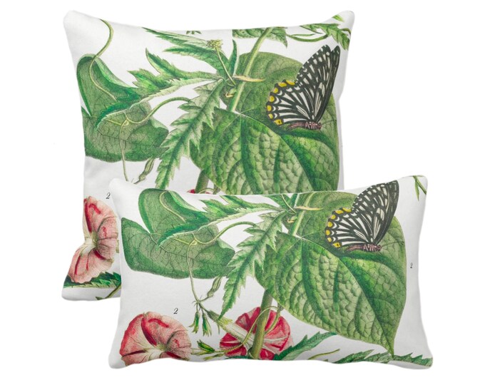 OUTDOOR Vintage Botanical Trumpet Flowers Butterflies Throw Pillow/Cover 14x20, 16, 18, 20, 26" Sq/Lumbar Pillows/Covers Nature/Floral Print