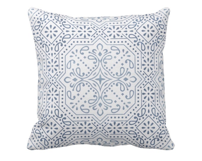Tile Print Throw Pillow or Cover, Chambray 16, 18, 20, 22 or 26" Sq Pillows or Covers, Dusty Blue/White Trellis/Geometric/Batik/Geo